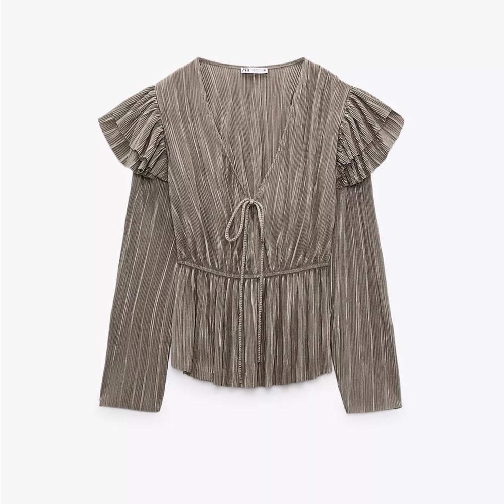 Zara Taupe Pleated V-Neck Blouse